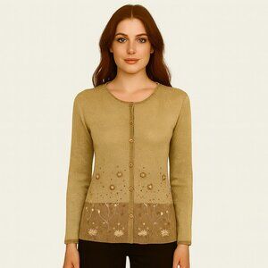 Metallic Gold Sparkle Cardigan w embroidered flower detailing Size Small